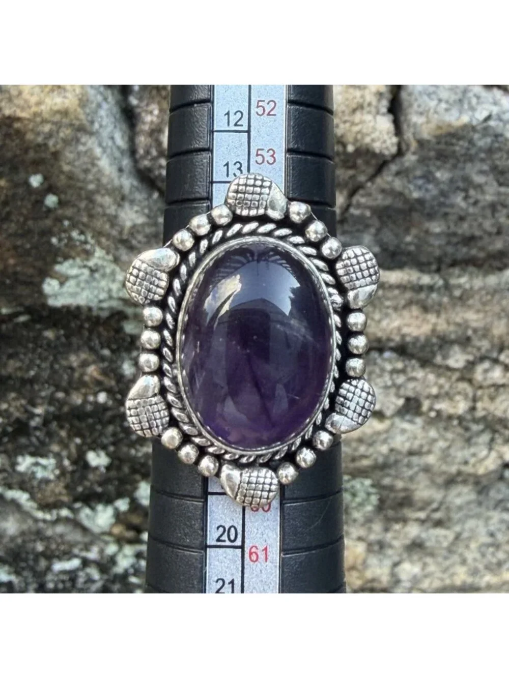 Boho Amethyst Cabochon Statement Ring 8 Silver Tone Beaded Lattice Shield Gothic